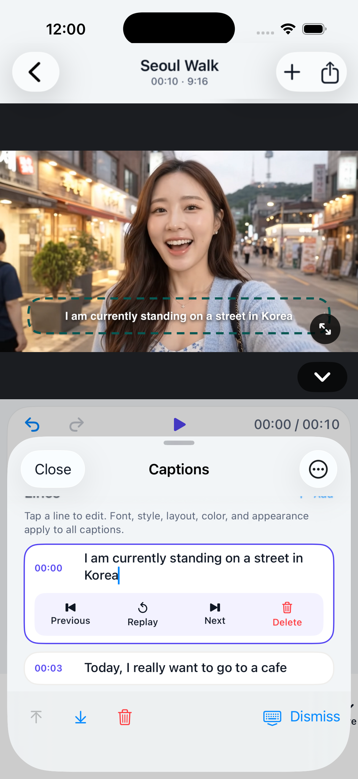 KakuCut caption editor with a selected caption on iPhone